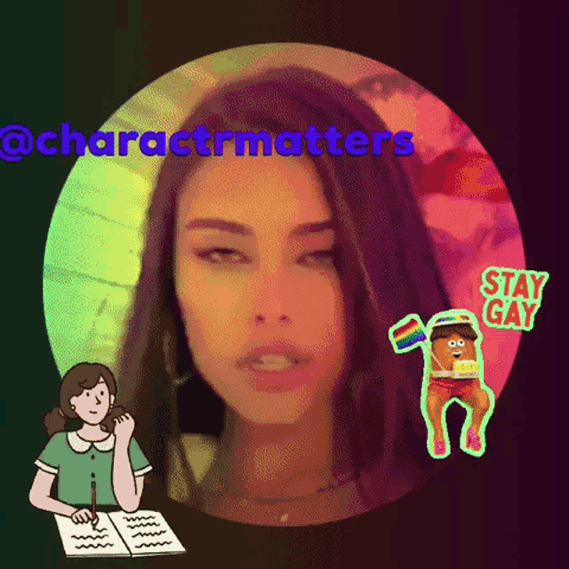 a cartoon drawing of a woman with a sticker that says " stay gay "