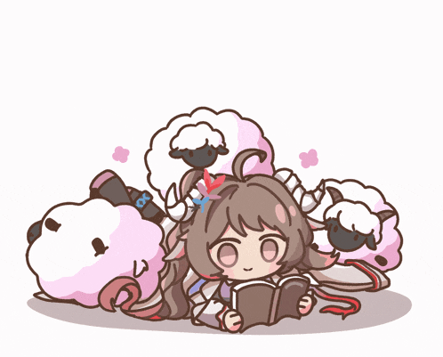 a girl reading a book surrounded by sheep