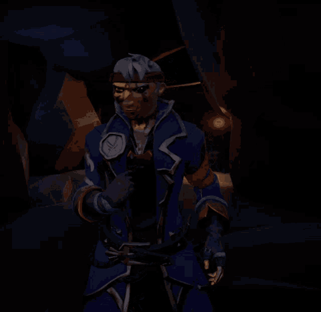 a man in a blue coat is holding a sword in his hand
