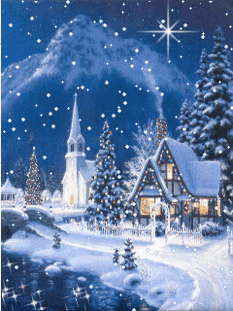 a painting of a snowy christmas scene with a church and a mountain in the background