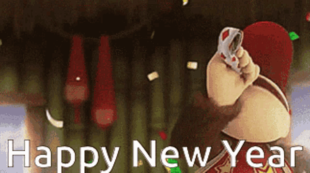 a happy new year greeting card with a gorilla holding a bottle