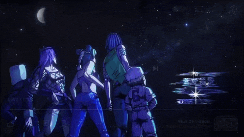 a group of anime characters are standing in front of a starry sky with one music written in the bottom right corner