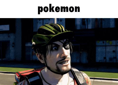 a man wearing a helmet with the word pokemon on the bottom