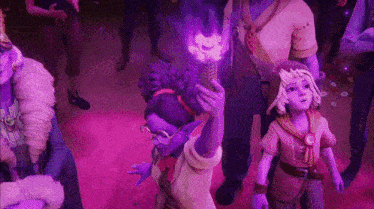 a girl with purple hair is holding a purple torch