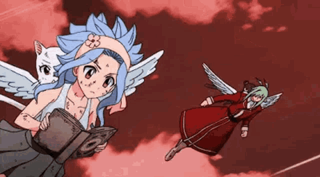 a girl with wings is flying through the air while holding a book .