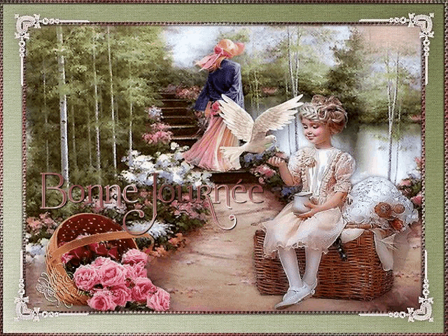 a painting of a little girl sitting on a wicker basket with the words bonne journee written on the bottom