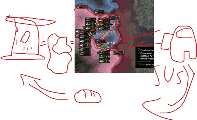 a drawing of an among us character next to a map of a province