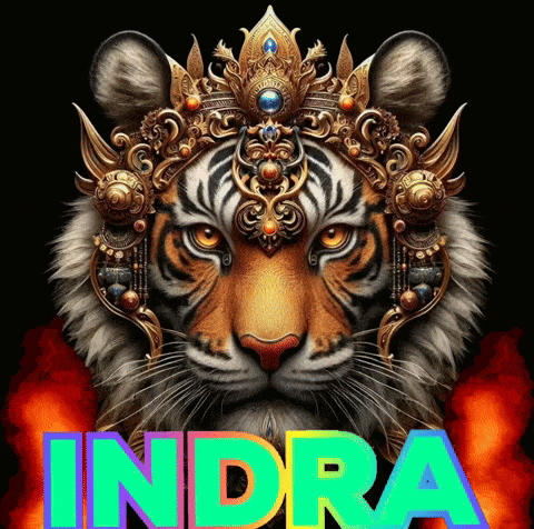 a tiger with a crown on its head and the name indra written below it