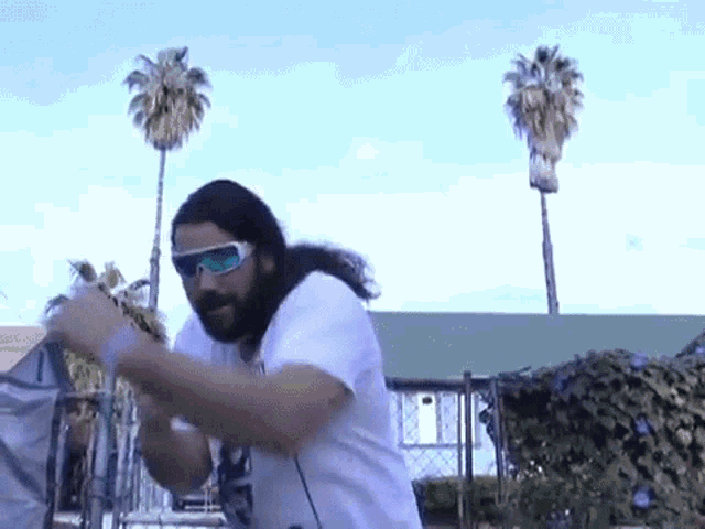 a man with long hair and a beard wearing sunglasses and a white shirt is standing in front of palm trees .