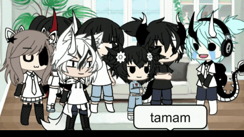 a group of cartoon characters are standing in a living room and one of them has a speech bubble that says tamam