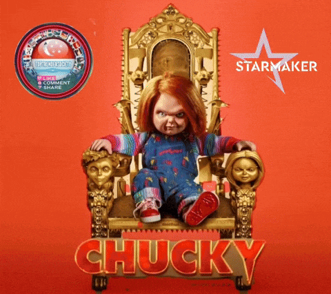 a poster for chucky shows a doll sitting on a gold throne