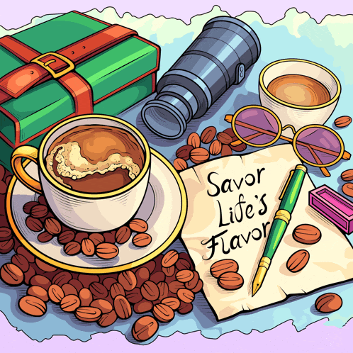 a drawing of a cup of coffee surrounded by coffee beans and a note that says savor life 's flavor