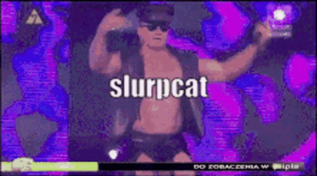 a man is dancing in front of a purple background that says slurpcat
