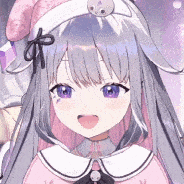 a close up of a girl with purple eyes and gray hair