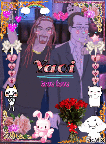 a picture of two men with yaoi true love written at the top
