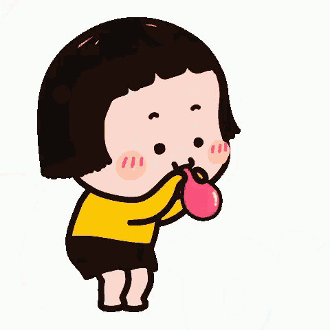 a cartoon girl blowing up a pink balloon with her mouth .
