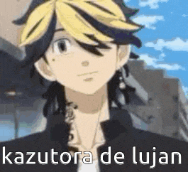 a close up of a person 's face with the words `` kazutora de lujan '' written above them .