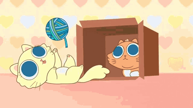 two cartoon cats playing with a ball of yarn