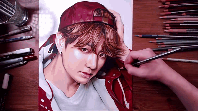 a drawing of a boy with a red hat and a red jacket
