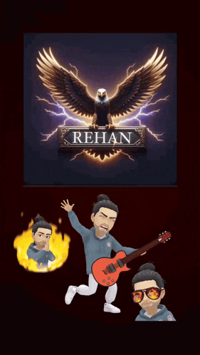 a cartoon of a man holding a guitar with the name rehan on the top