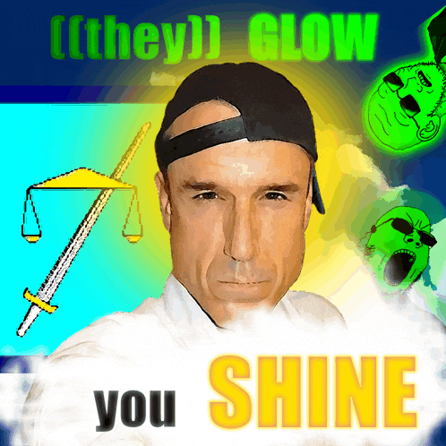 a man with a sword and scales of justice on a poster that says you shine