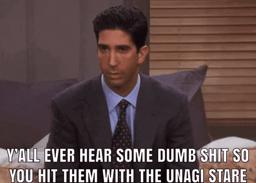 a man in a suit and tie says y'all ever hear some dumb shit so you hit them with the unagi stare ..