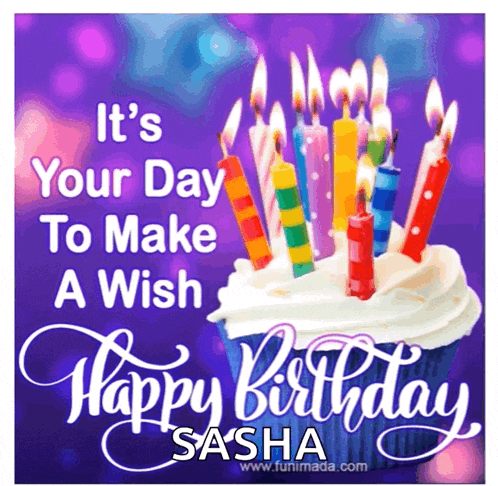 a birthday card for sasha with a cupcake with candles on it