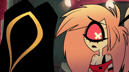 a cartoon character with red eyes and a cross on her face
