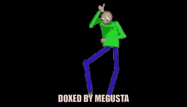 a cartoon character in a green shirt and blue pants is standing on one leg .