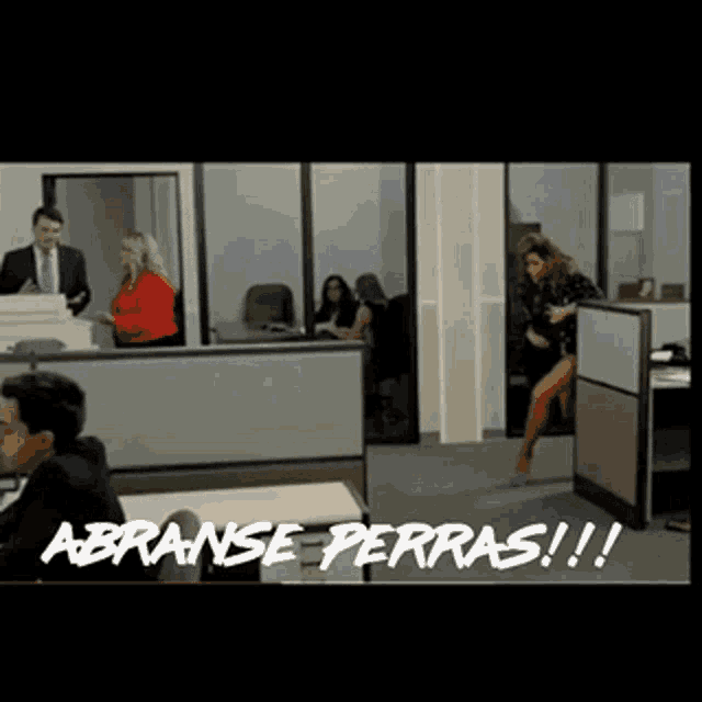 a man and woman in an office cubicle with the words abranse perras written on the bottom