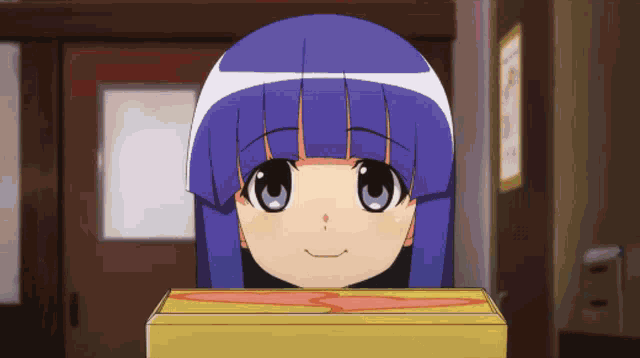 a girl with blue hair is smiling while holding a yellow box