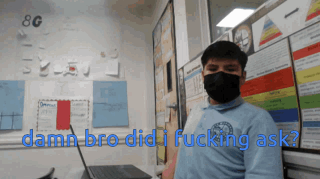 a boy wearing a mask stands in front of a laptop with the words damn bro did i fucking ask below him