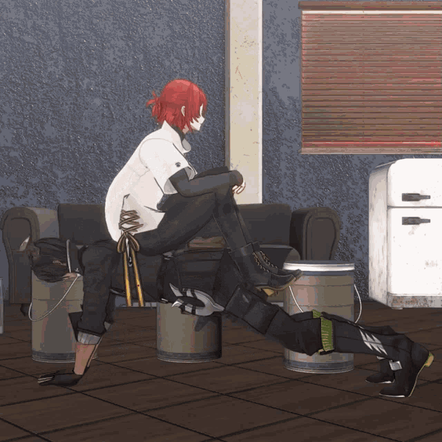 a girl with red hair sits on a man 's back in a room