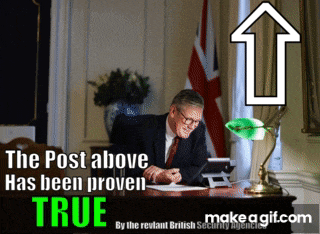 a man sits at a desk with an arrow pointing up and the words " the post above has been proven true " on the bottom