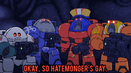 a group of robots are standing next to each other with okay so hatemonger 's gay written on the bottom