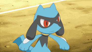 a blue cartoon character with red eyes and a black mask on his face