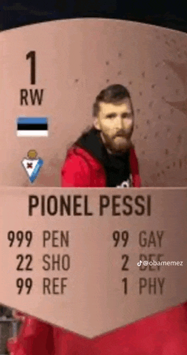 a man in a red jacket is standing in front of a card that says pionel messi .