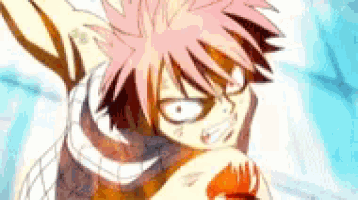 a close up of a fairy tail character with pink hair making a face .
