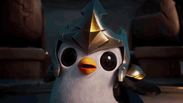 a cartoon penguin wearing a helmet with circles on its eyes