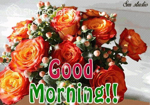 a bouquet of orange roses with the words " good morning " on the bottom