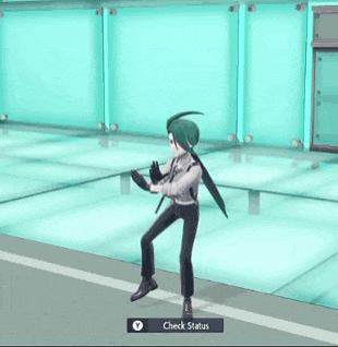 a video game character with a check status button on the bottom right
