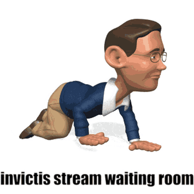 a cartoon of a man crawling with the words " invictus stream waiting room " below him