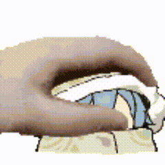 a pixelated image of a hand holding a cartoon character 's face .