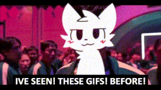 a cartoon cat is standing in front of a crowd and says i 've seen these gifs before !