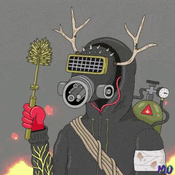 a drawing of a person wearing a gas mask and antlers