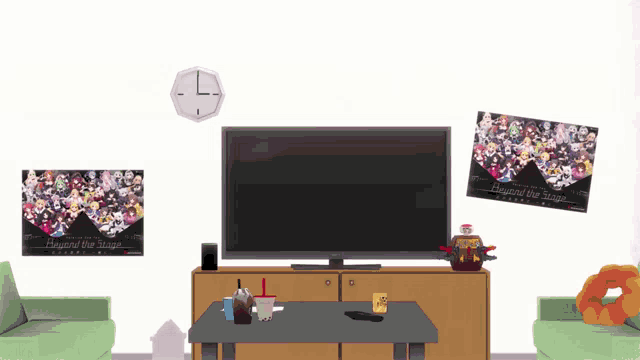 a living room with posters on the wall including one that says " beyond the stage "