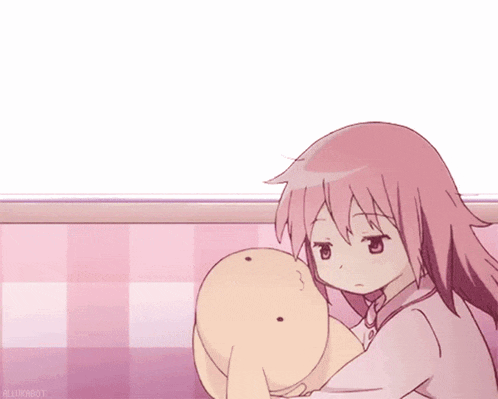 a girl with pink hair is holding a stuffed animal in her arms and the words " bluringot " are visible on the bottom right
