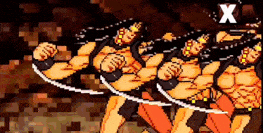a pixel art of a group of men holding swords in a row .