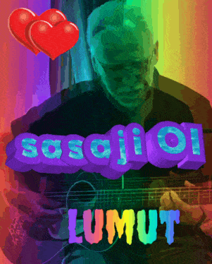 a man playing a guitar with the words sascjioi lumet written above him