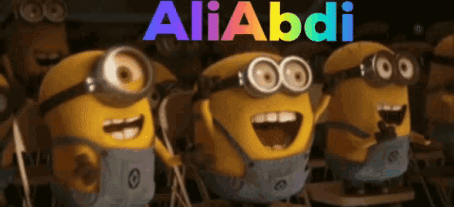 a group of minions are standing in front of a sign that says aliabidi
